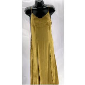 SIMPLE RETRO Women's Gold Micro Dot Print V-Neck Side Slit Midi Dress SZ S
